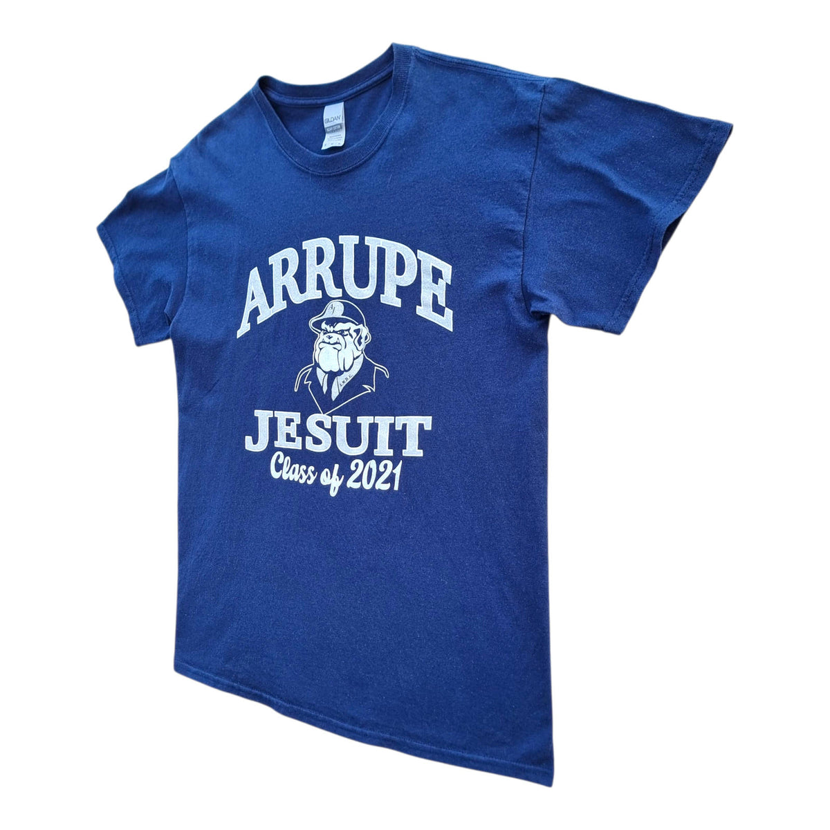 Gildan Blue Arrupe Jesuit Graphic Print T-Shirt Men's UK Size M Blue Crew Neck 100% Cotton
