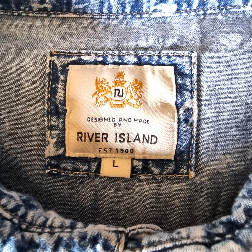 River Island Denim Shirt Blue Short Sleeve Bird Pattern Men's UK Size Large