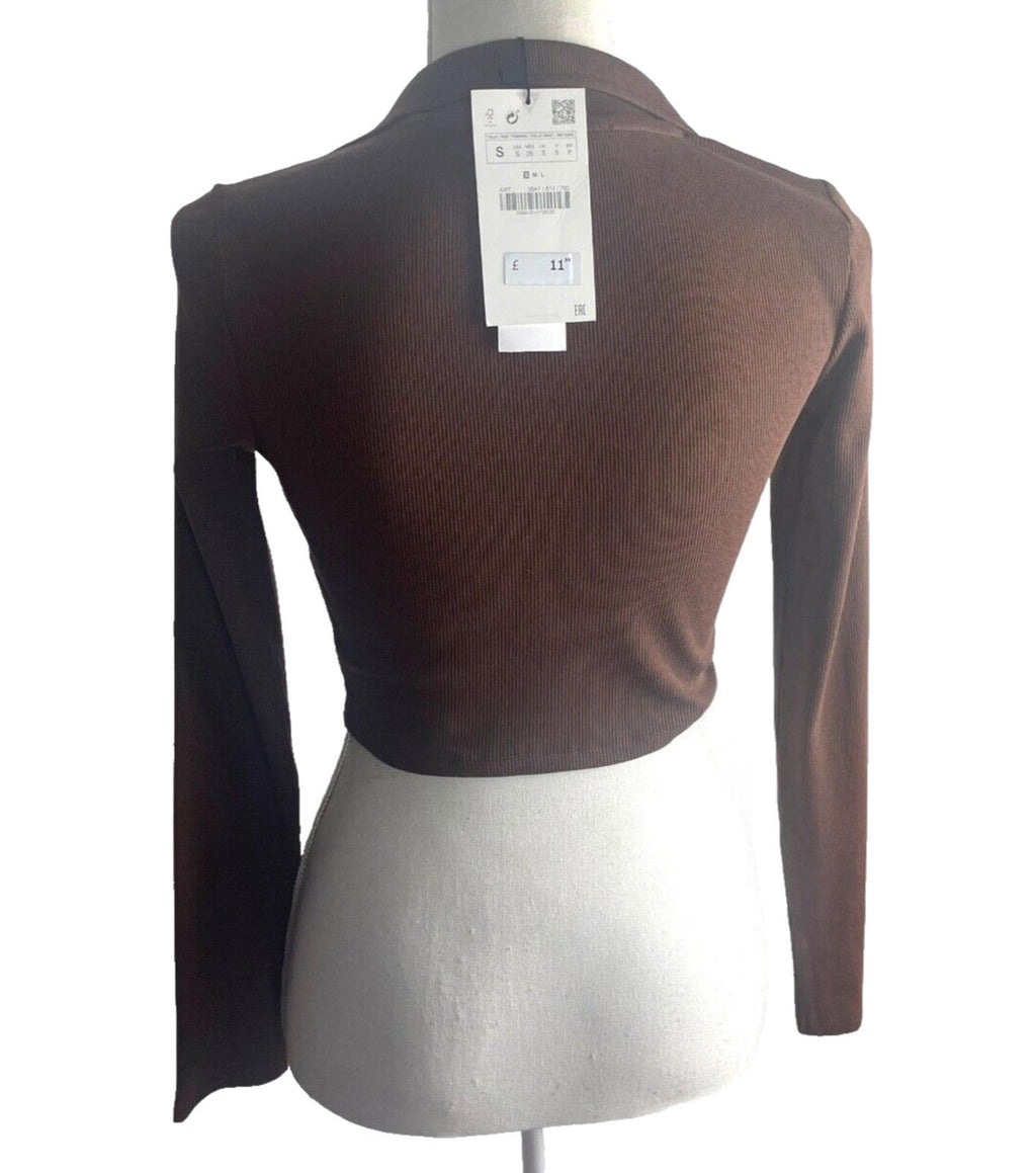ZARA Brown Zara Crop Top Ribbed Collared Women's UK Size XS