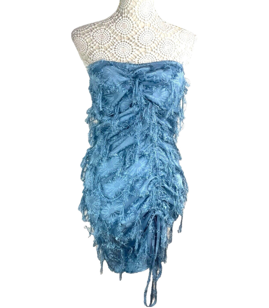 Pretty Little Thing Blue Faux Feather Off Shoulder Mini Dress Women's UK Size 8