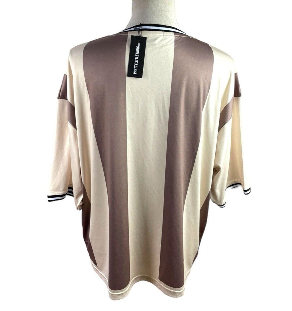 Pretty Little Thing Beige Stripe Football T-Shirt Oversized Women's UK Size 8