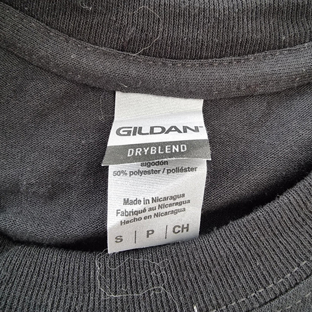 Gildan Black Graphic Print T-Shirt Men's UK Size S Black Dee's Super Service 100% Cotton