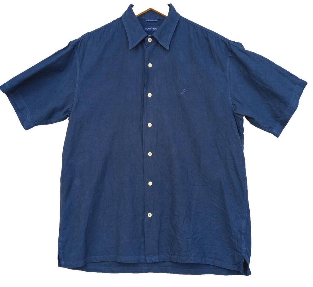 Nautica Shirt Men's UK Size M Blue Short Sleeve Silk Blend Easy Care Embroidered