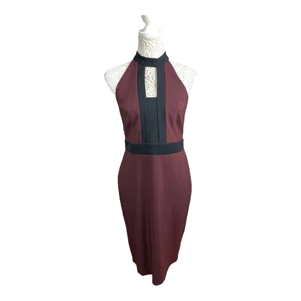River Island Burgundy Midi Dress Bodycon Black Trim Women's UK Size 12