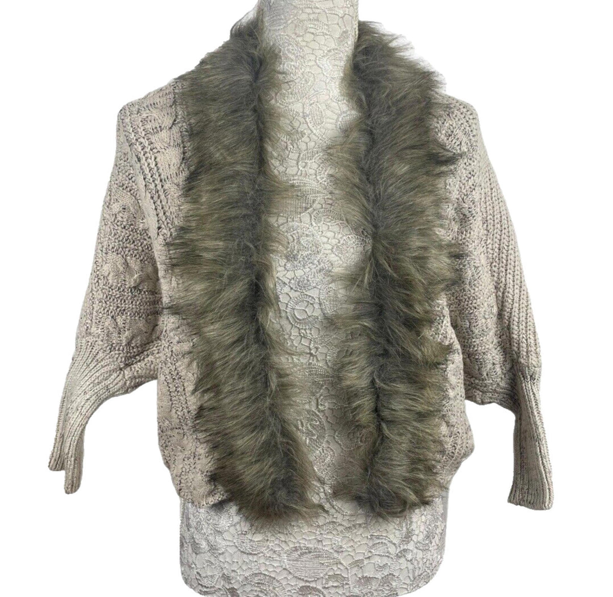 Floryday Beige Faux Fur Trimmed Knit Cardigan Sweater Women's UK Size S