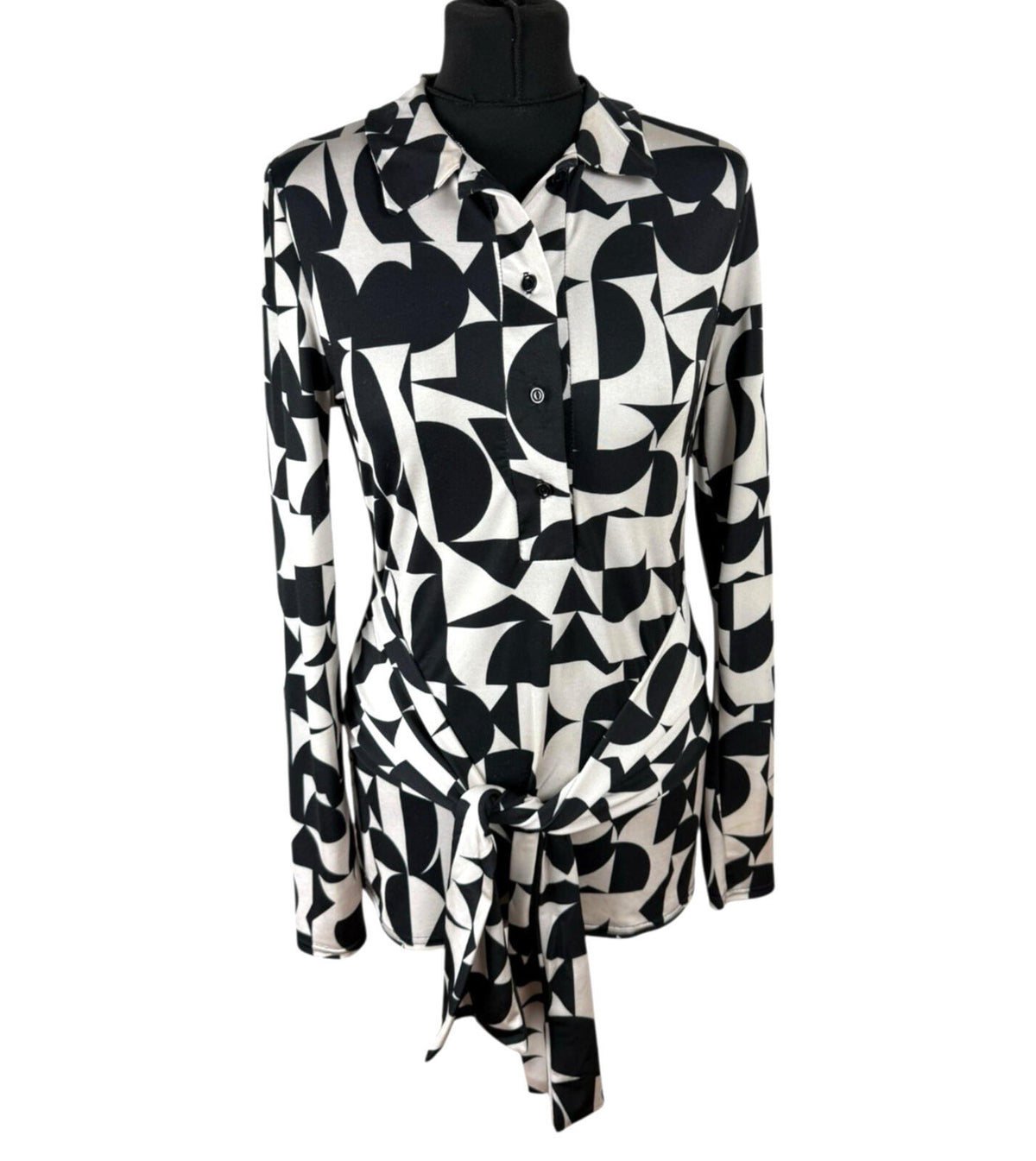 River Island White River Island Blouse Women's UK Size 10 Black White Graphic Print Belted Collared