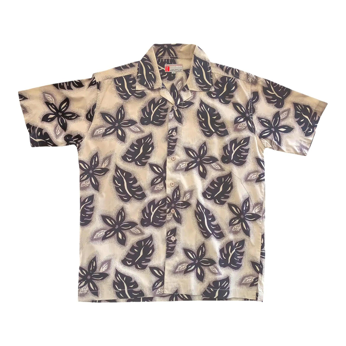 R.F.S. Shirt Short Sleeve Beige Leaf Pattern 100% Cotton Men's UK Size L Large