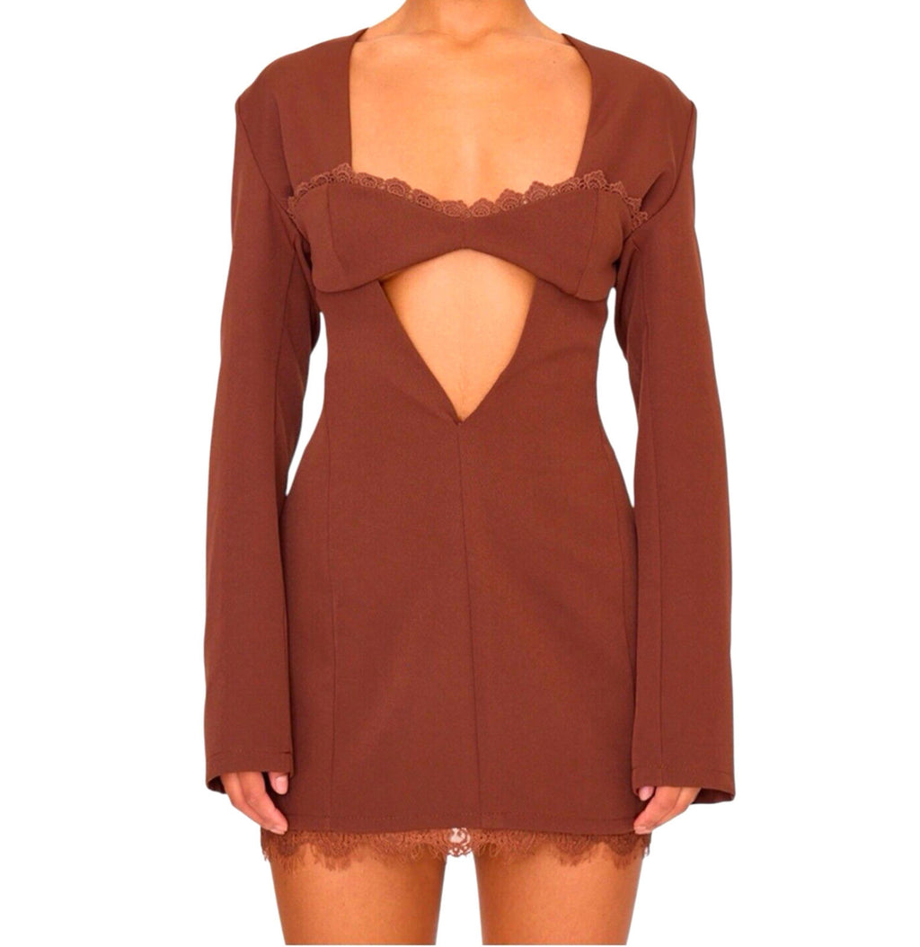 Pretty Little Thing Blazer Midi Dress Women's UK Size 8 Chocolate Lace Trim