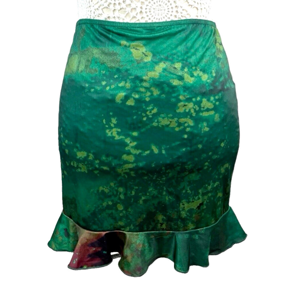 Manor Mini Skirt Dark Green Satin High Waist Frilled Hem Women's UK Size 8