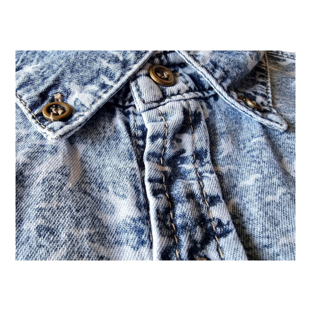 River Island Denim Shirt Blue Short Sleeve Bird Pattern Men's UK Size Large