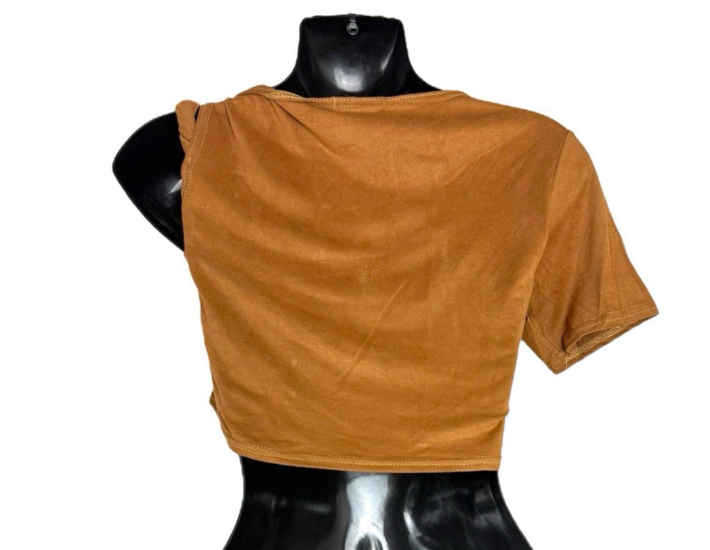 Pretty Little Thing Brown Pretty Little Thing Faux Suede T-shirt Top Cropped One Sleeve Women's UK Size 8