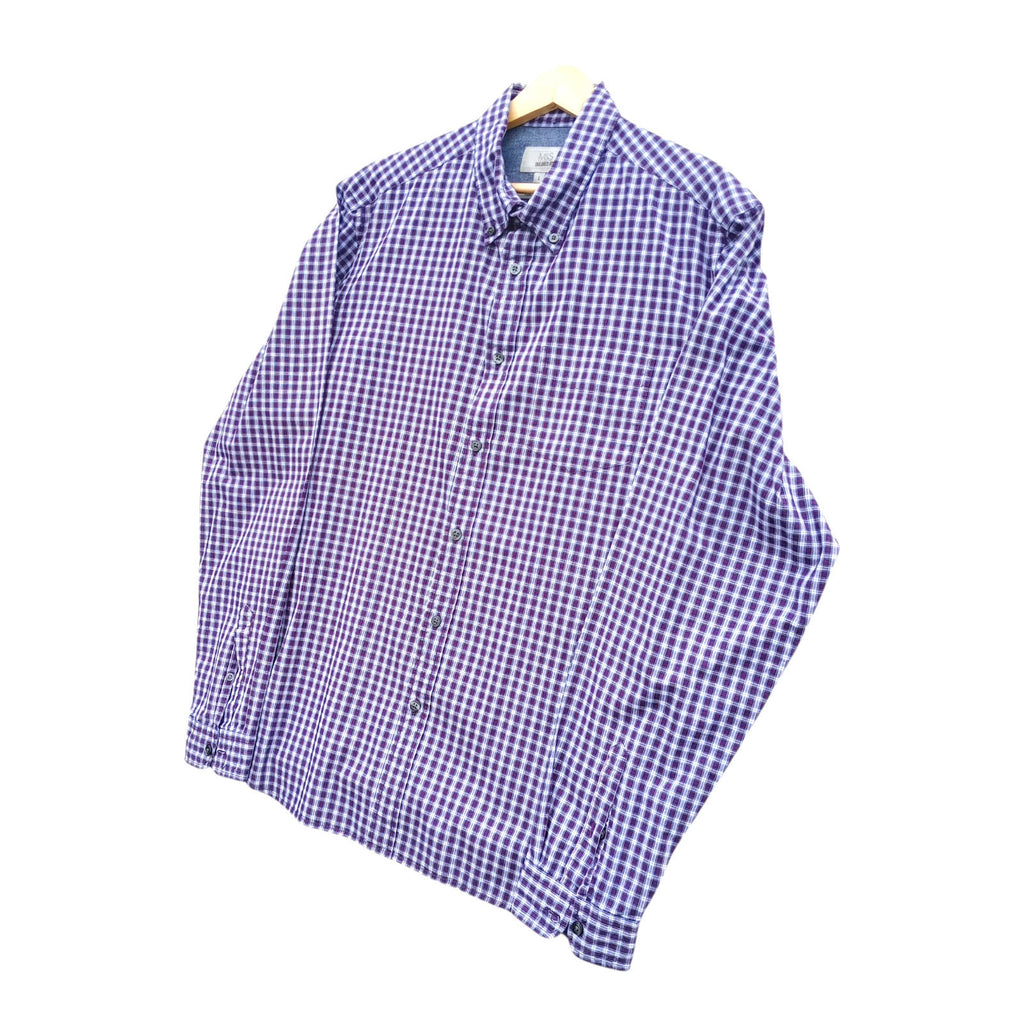 Marks & Spencer Plaid Shirt Men's UK Size L Purple White Button Down Long Sleeve