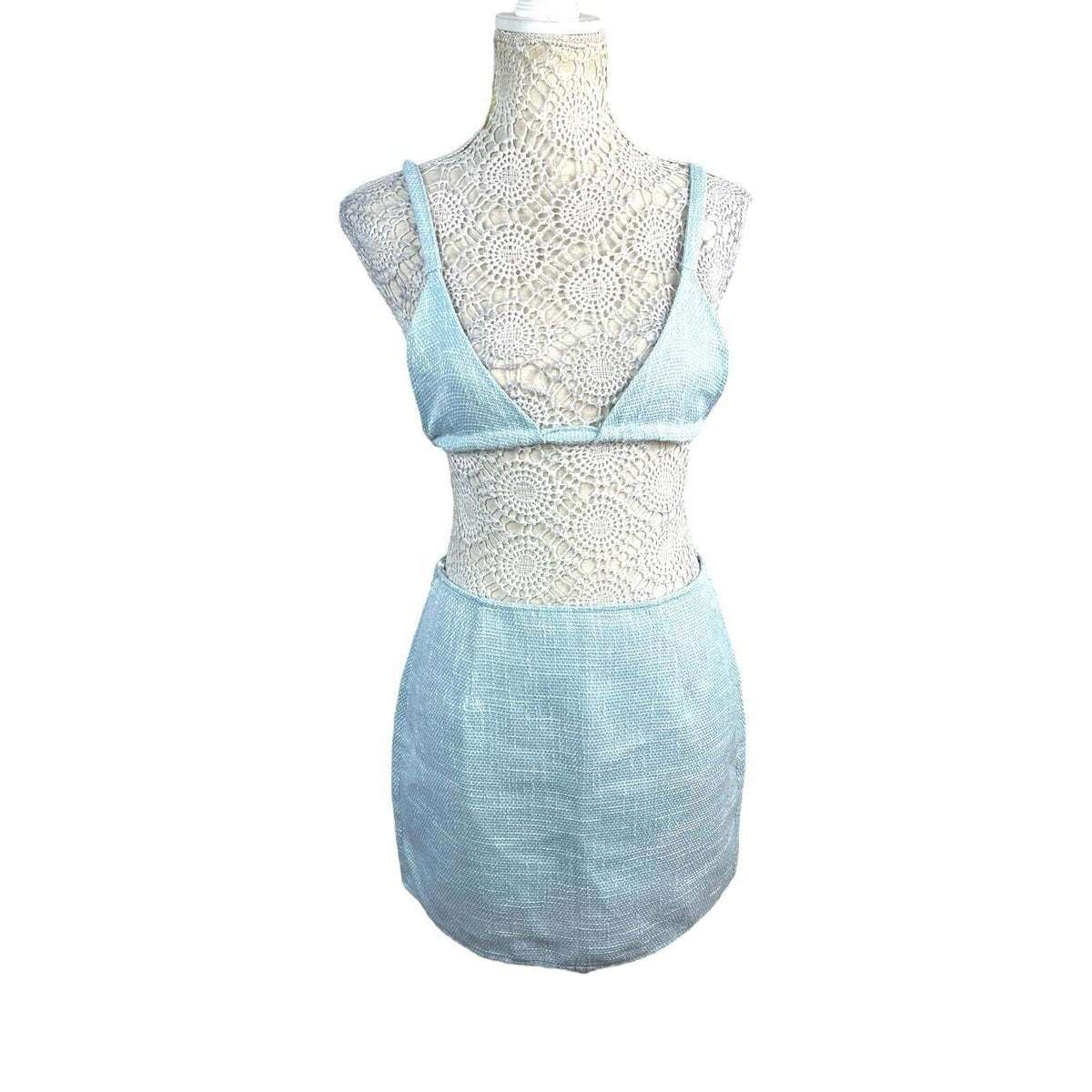 Pretty Little Thing LightBlue Pretty Little Thing Crop Top & Skirt Co-ord Women's UK Size 8 Blue Linen Look