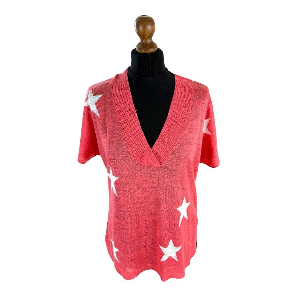 Next Coral Star Pink Knit T-Shirt Top Women's UK Size S Lightweight V-Neck Linen