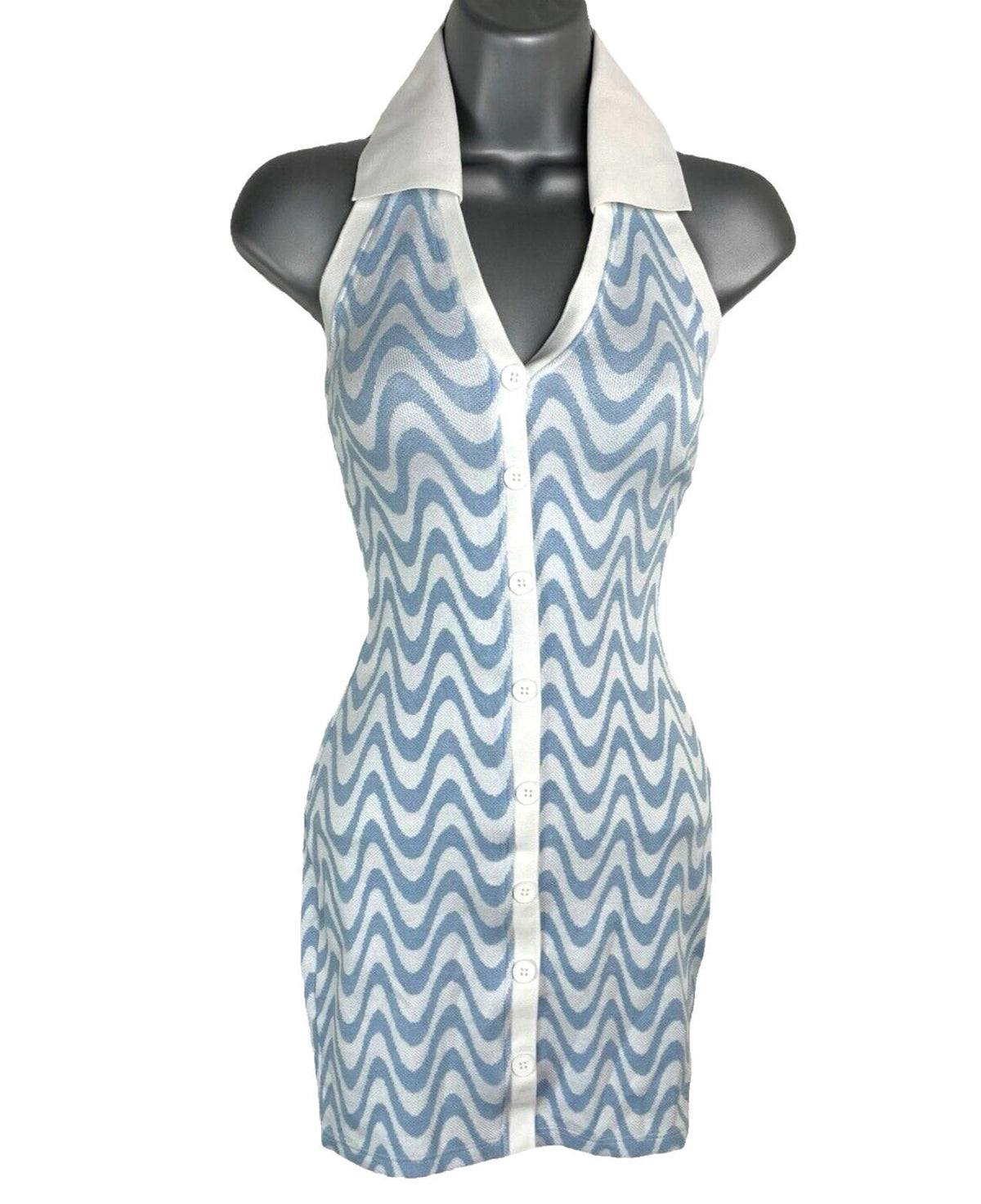 Divided Blue & White 70's Design Midi Dress Collared Women's UK Size XXS