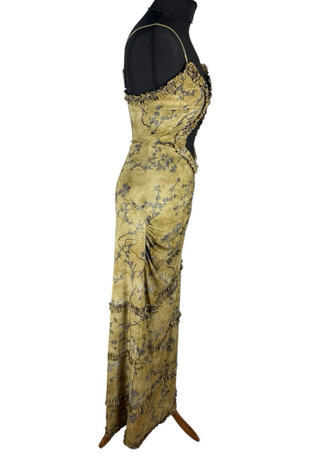 Pretty Little Thing Floral Bodycon Dress Gold Women's UK Size 8 Ruched Cut Out Waist