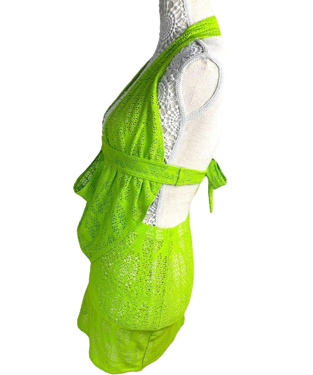Lime Green Knit Mesh Skirt Co-Ord Set Cowl Halter Neck Women's UK Size 8