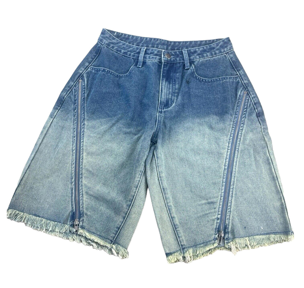 Long Denim Shorts Zipped Front Design Faded Denim Women's UK 8