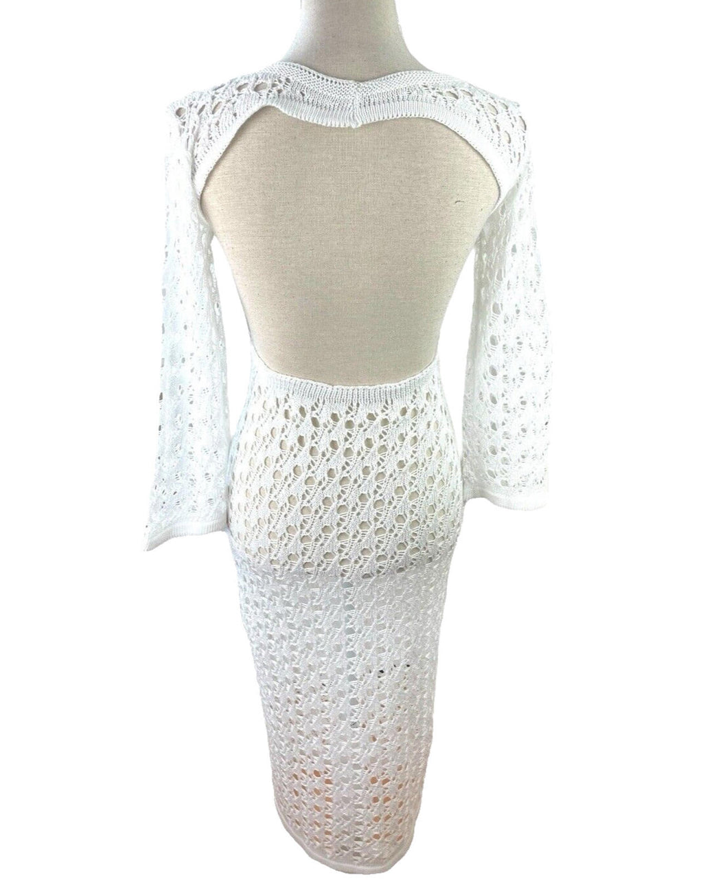 Crochet Knit Maxi Dress Women's UK Size 8 Backless White Long Sleeve Bodycon
