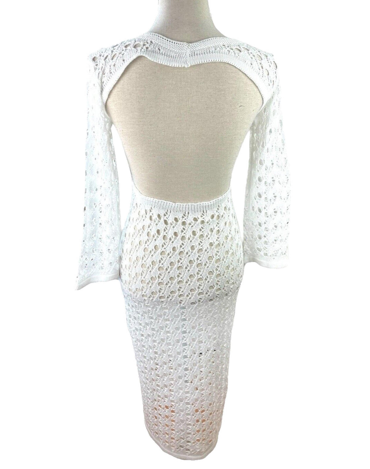 Crochet Knit Maxi Dress Women's UK Size 8 Backless White Long Sleeve Bodycon