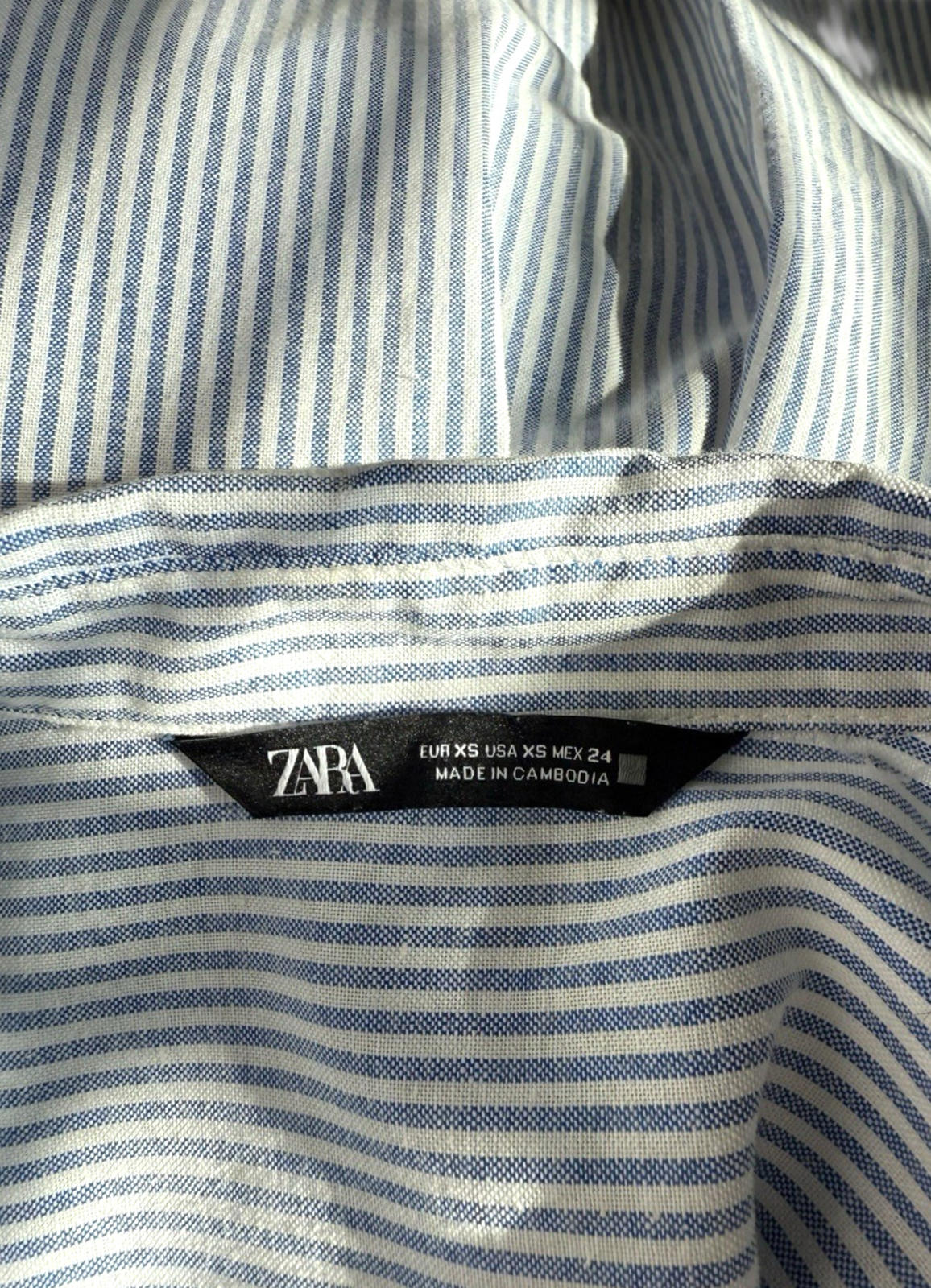Zara Blue Stripe Shirt Blouse Collared Long Sleeve Distressed Women's UK Size S