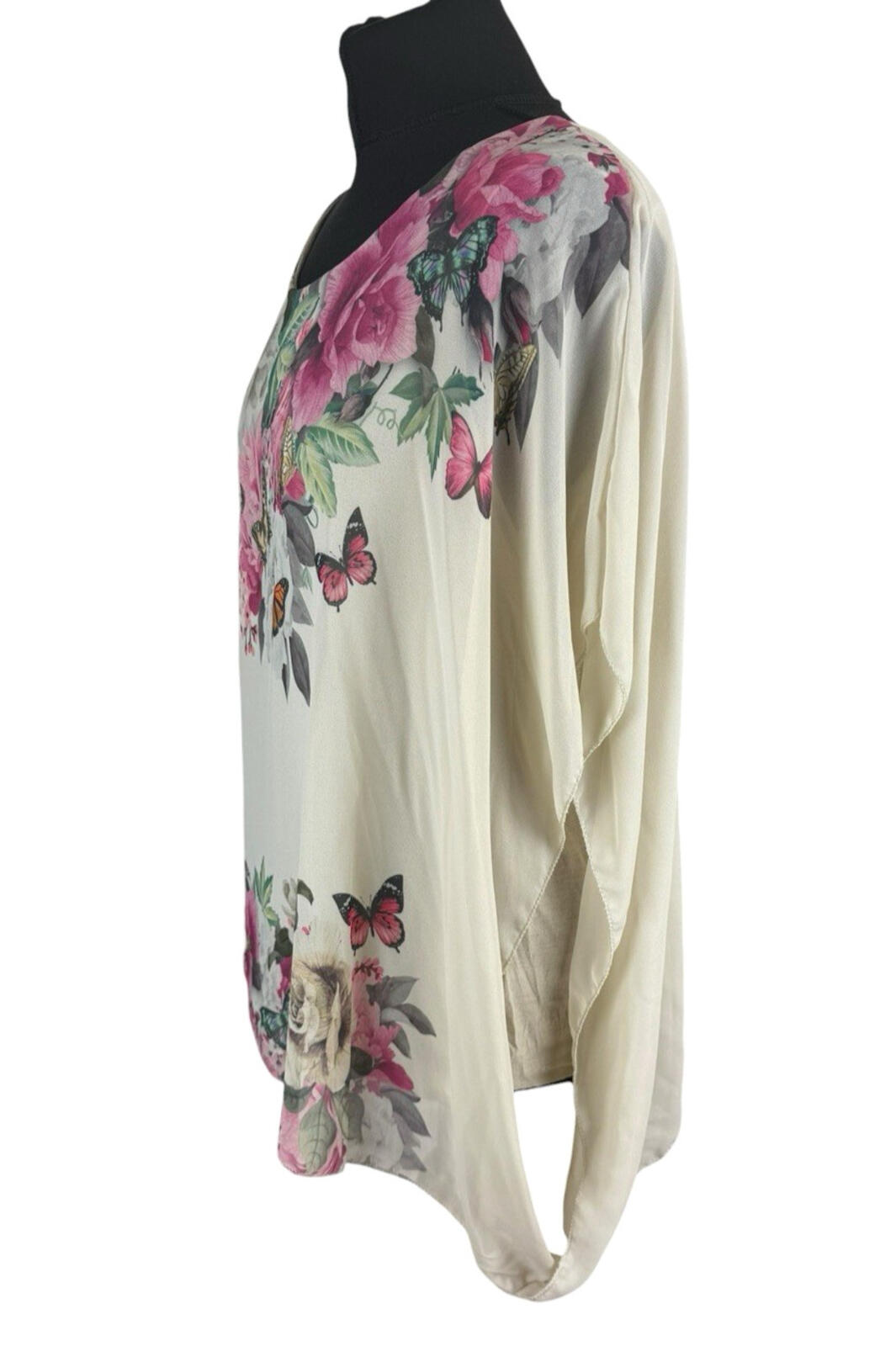 Floral Smock Blouse Top Women's UK Size L Chiffon Relaxed Fit Lined Floral Beige