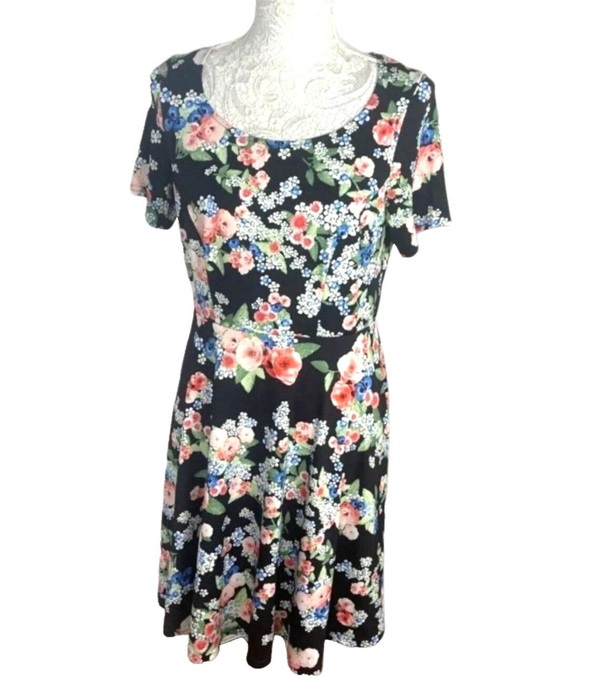 Anthology Floral Midi Dress Women's UK Size 12 Black Short Sleeve Round Neck