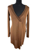 ZARA Brown Zara Long Sleeve Tunic Top Women's UK Size S Side Slit Brown Fine Stripe V-Neck