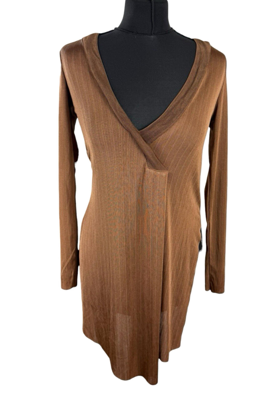 ZARA Brown Zara Long Sleeve Tunic Top Women's UK Size S Side Slit Brown Fine Stripe V-Neck