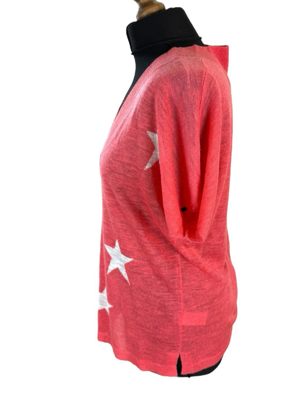 Next Coral Star Pink Knit T-Shirt Top Women's UK Size S Lightweight V-Neck Linen