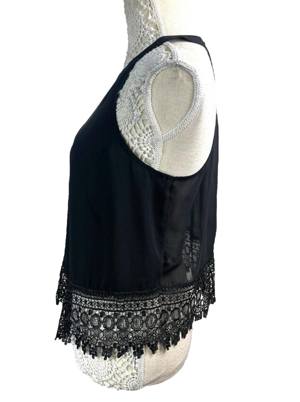 Glamours Black Crochet Hem High Neck Chiffon Tank Women's UK Size 12 Black Halter Sleeveless