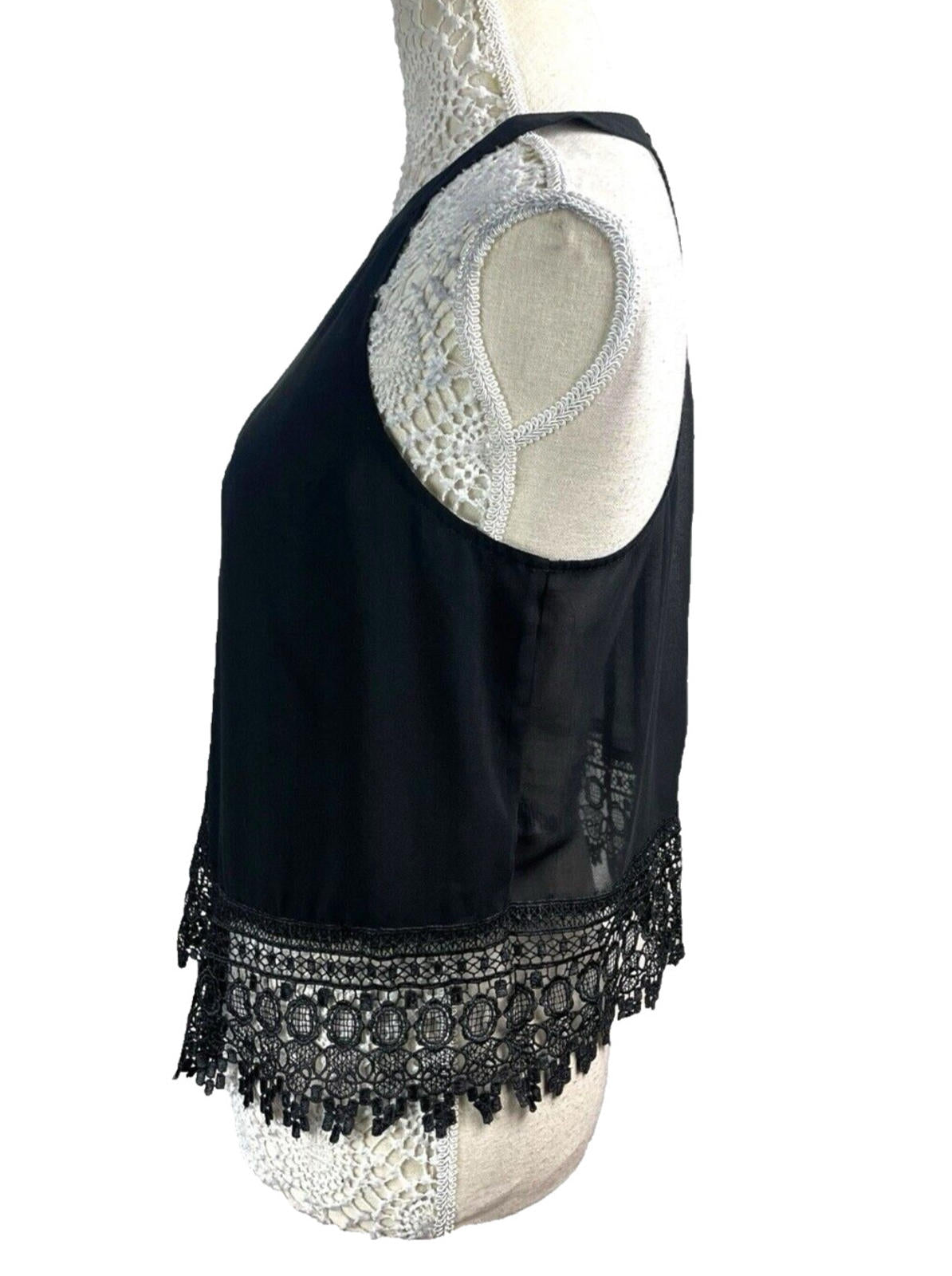 Glamours Black Crochet Hem High Neck Chiffon Tank Women's UK Size 12 Black Halter Sleeveless