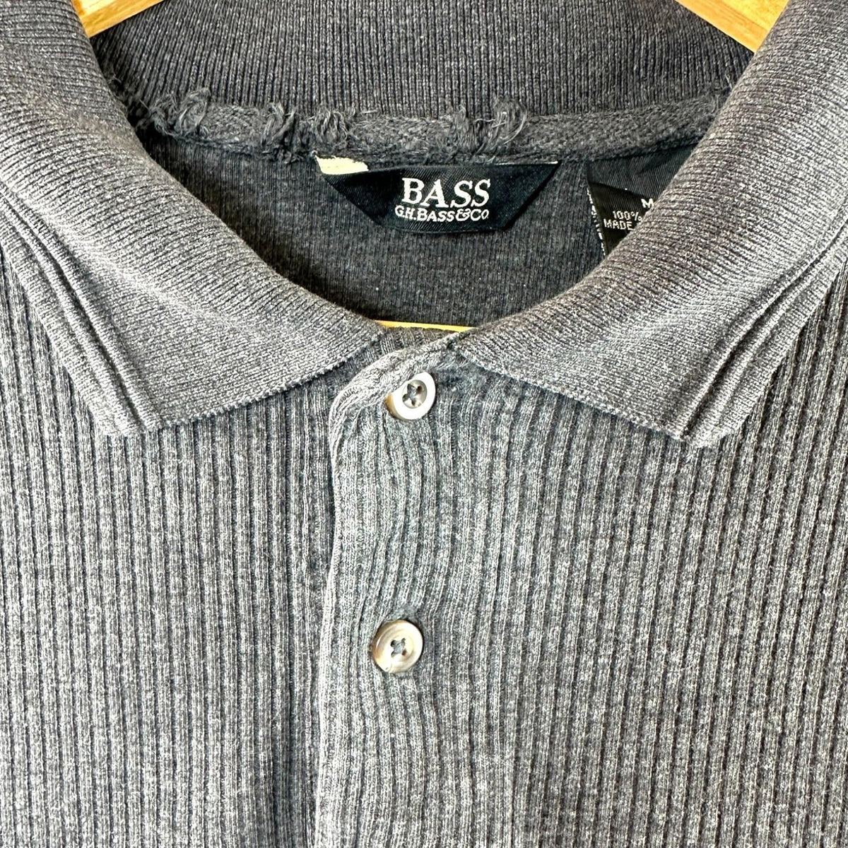 G.H.BASS&CO Polo Jumper Men's UK Size M Grey 100% Cotton Long Sleeve Ribbed