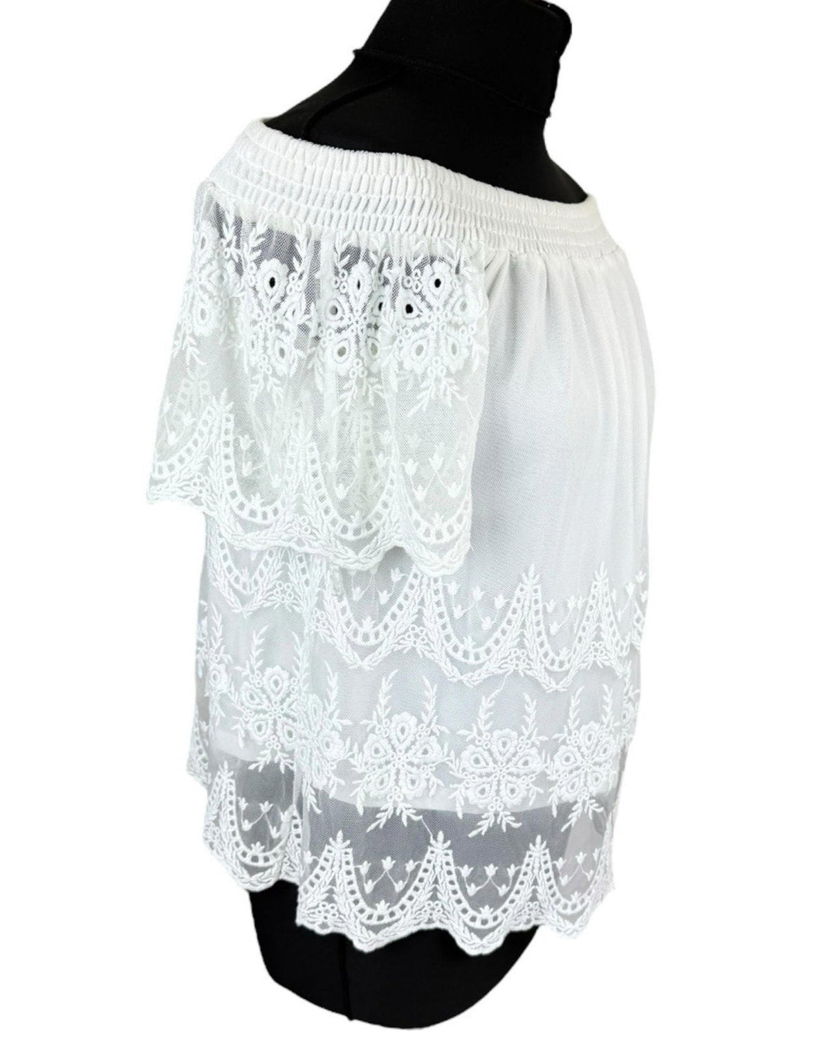 New Look Off Shoulder Blouse Women's UK Size 10 White Lace Trim Shirred Bardot