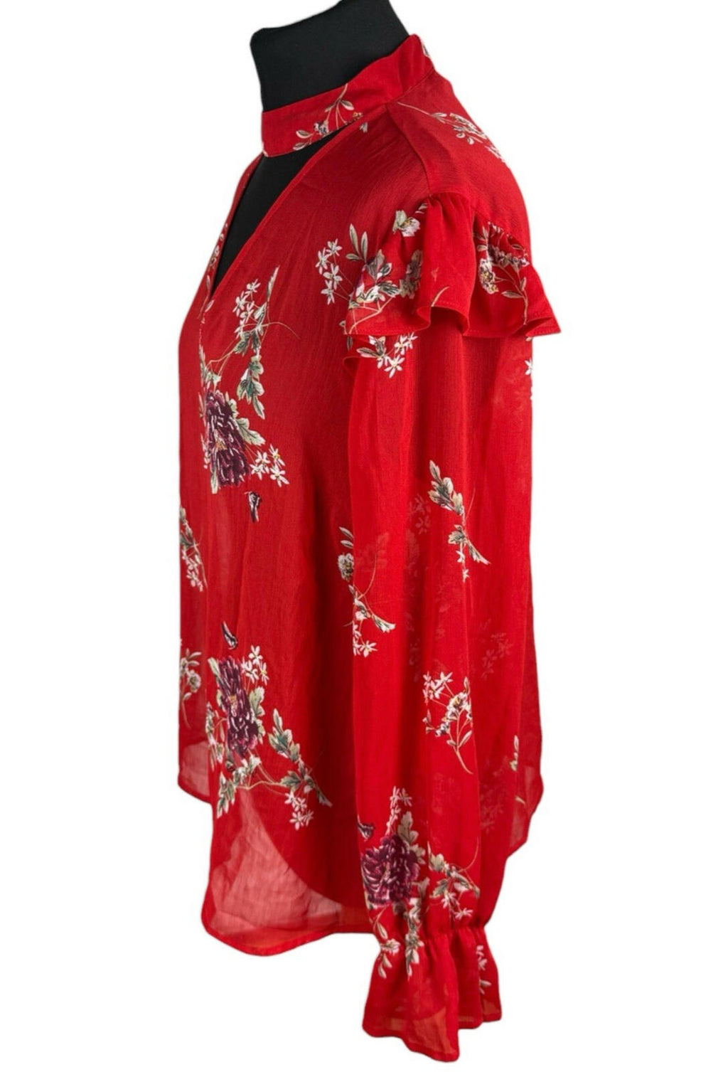 Primark Floral Blouse Women's UK Size 14 Long Sleeve Ruffled Cuffs Choker Neck