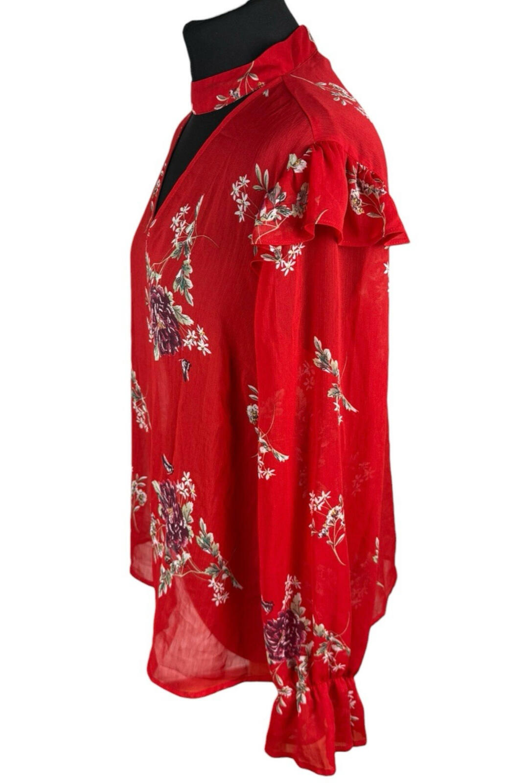Primark Floral Blouse Women's UK Size 14 Long Sleeve Ruffled Cuffs Choker Neck
