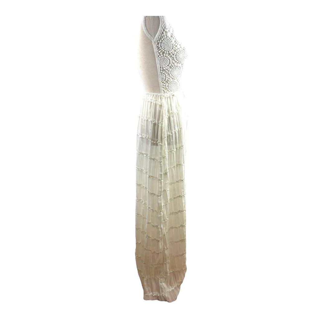 White Semi Sheer Maxi Skirt Fine Pleat High Waist Women's UK Size 10