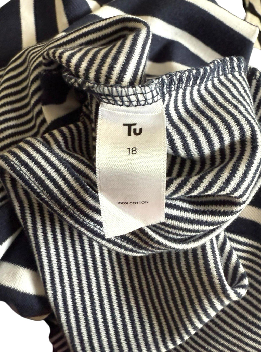 TU Navy Stripe Nautical T-Shirt Front Pocket 100% Cotton Women's UK Size 18