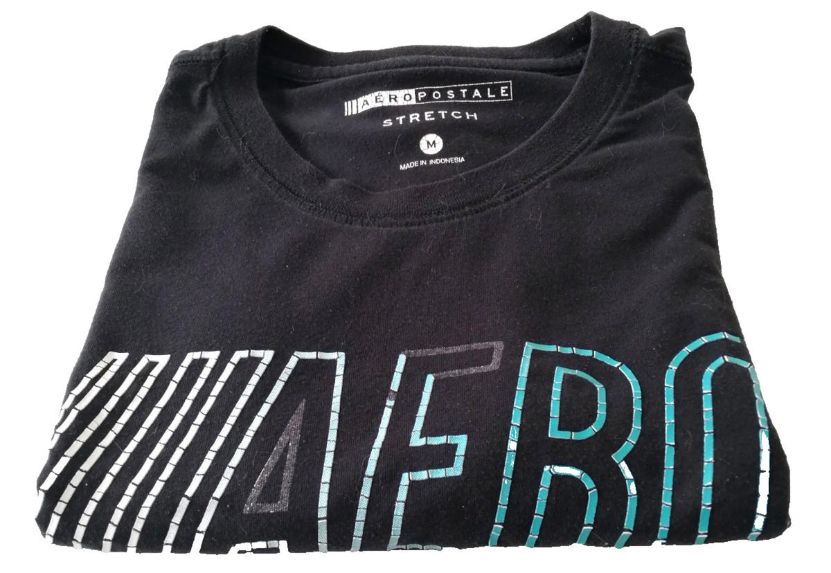 Areopostale Black Graphic Print T-Shirt Men's Size M Black Crew Neck Stretch Fit