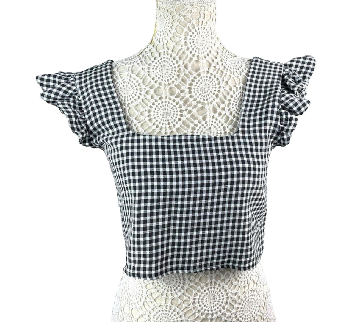 Figa Black Gingham Ruffle Sleeve Square Neck Blouse Women's UK Size 8 Cropped Black & White