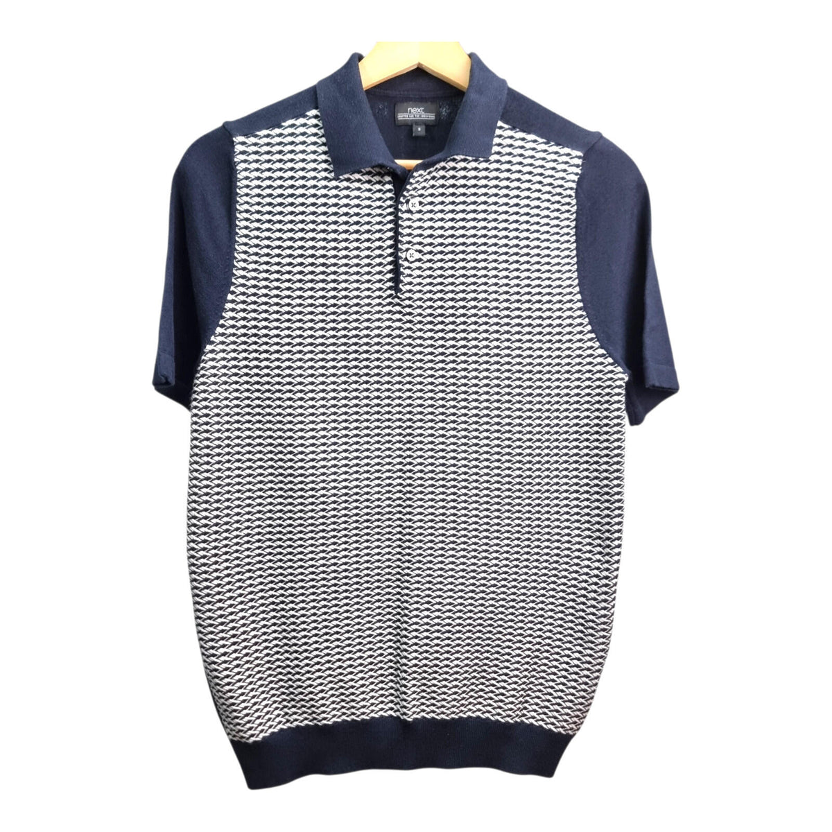 Next Knit Polo Shirt Men's UK Size M Navy Blue Textured Short Sleeve 100% Cotton