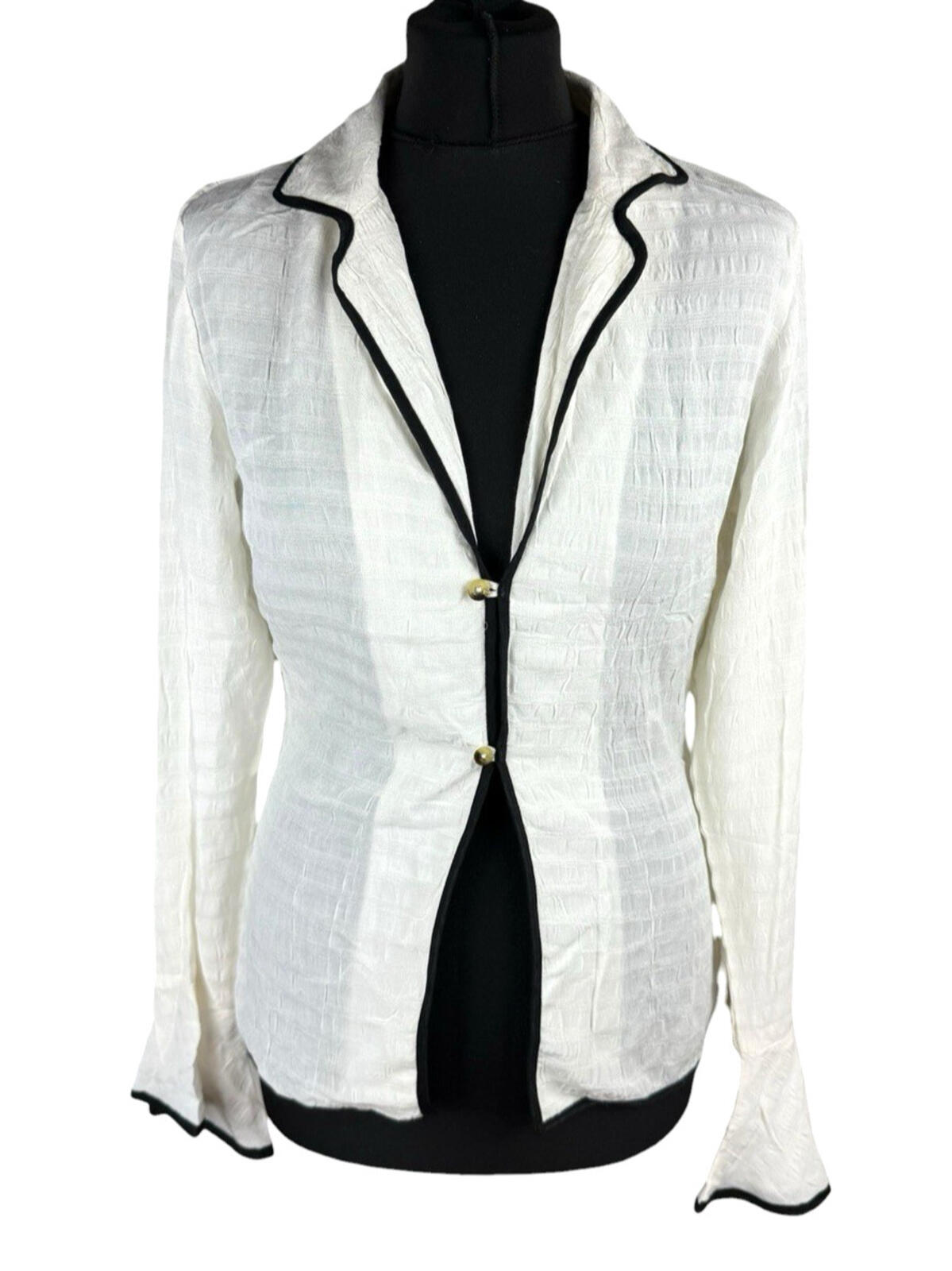 White Linen Blazer Blouse Top Women's UK Size S Flared Sleeves Ivory & Black Piping
