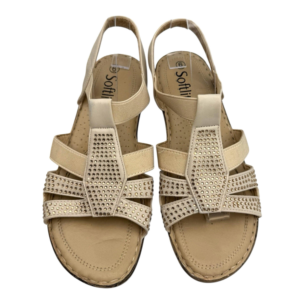 Softlites Tan Softlites Sandals Elasticated Diamante Low Heel Cushioned Gladiator Beige Gold