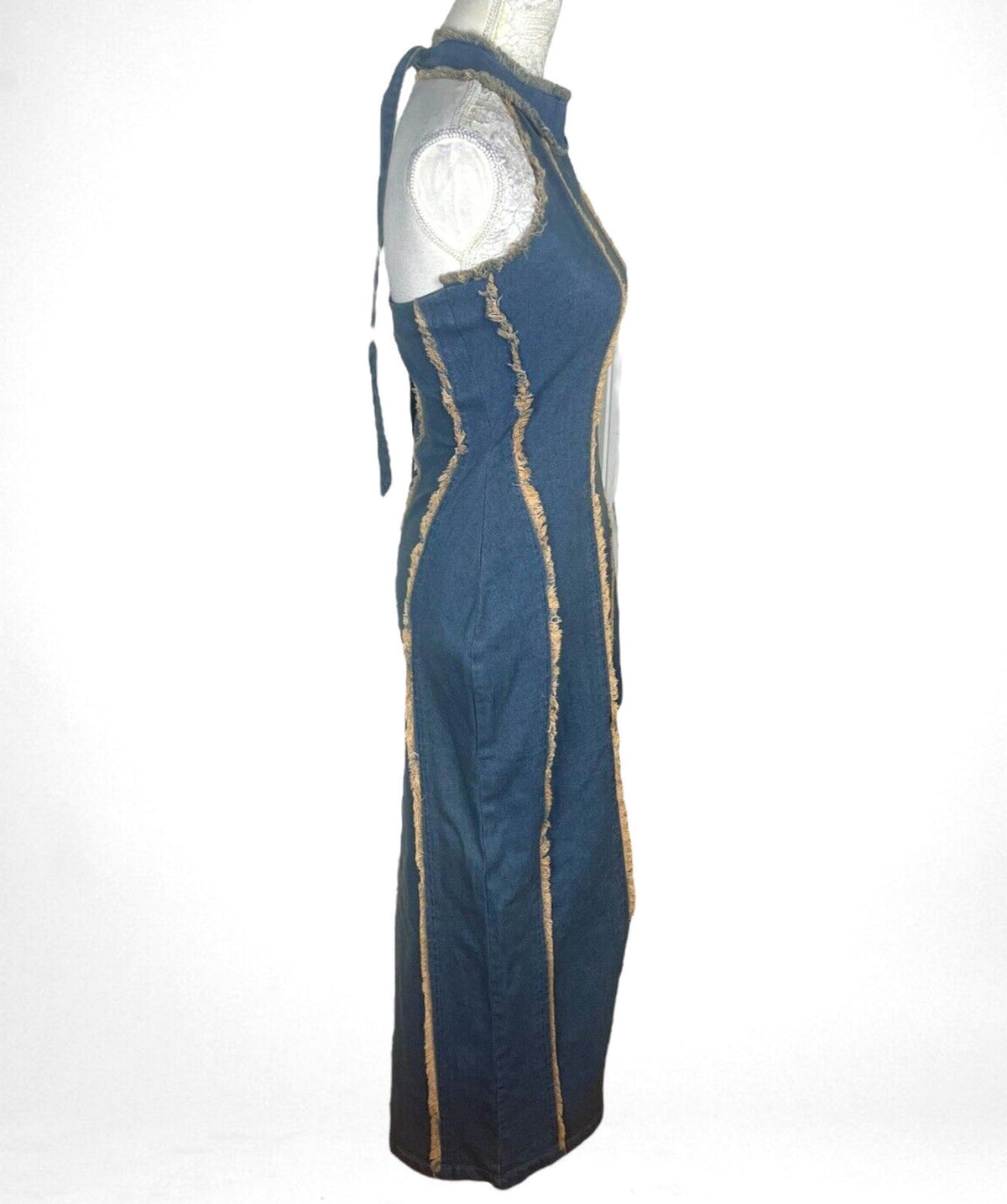 Denim Dress Irregular Stretch Halterneck Tapered Seems Women's UK Size 8