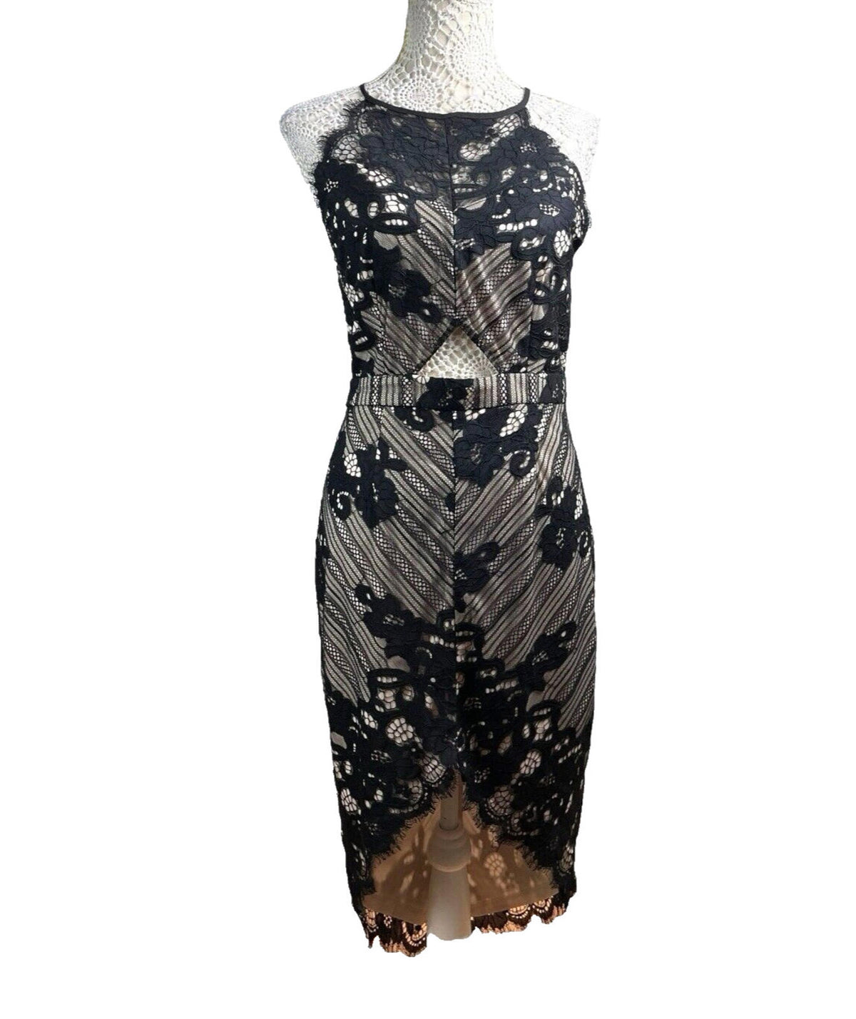 Missguided Midi Dress Lace Black & Nude Women's UK Size 12