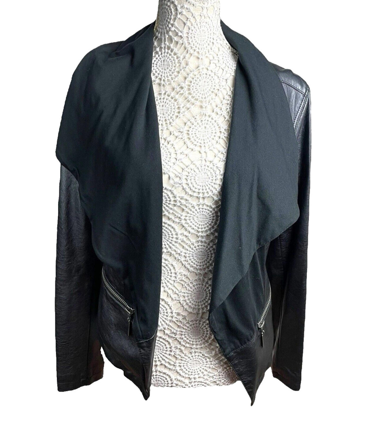 Lipsy Black Faux Leather Biker Jacket Collared Open Front Women’s UK Size 12