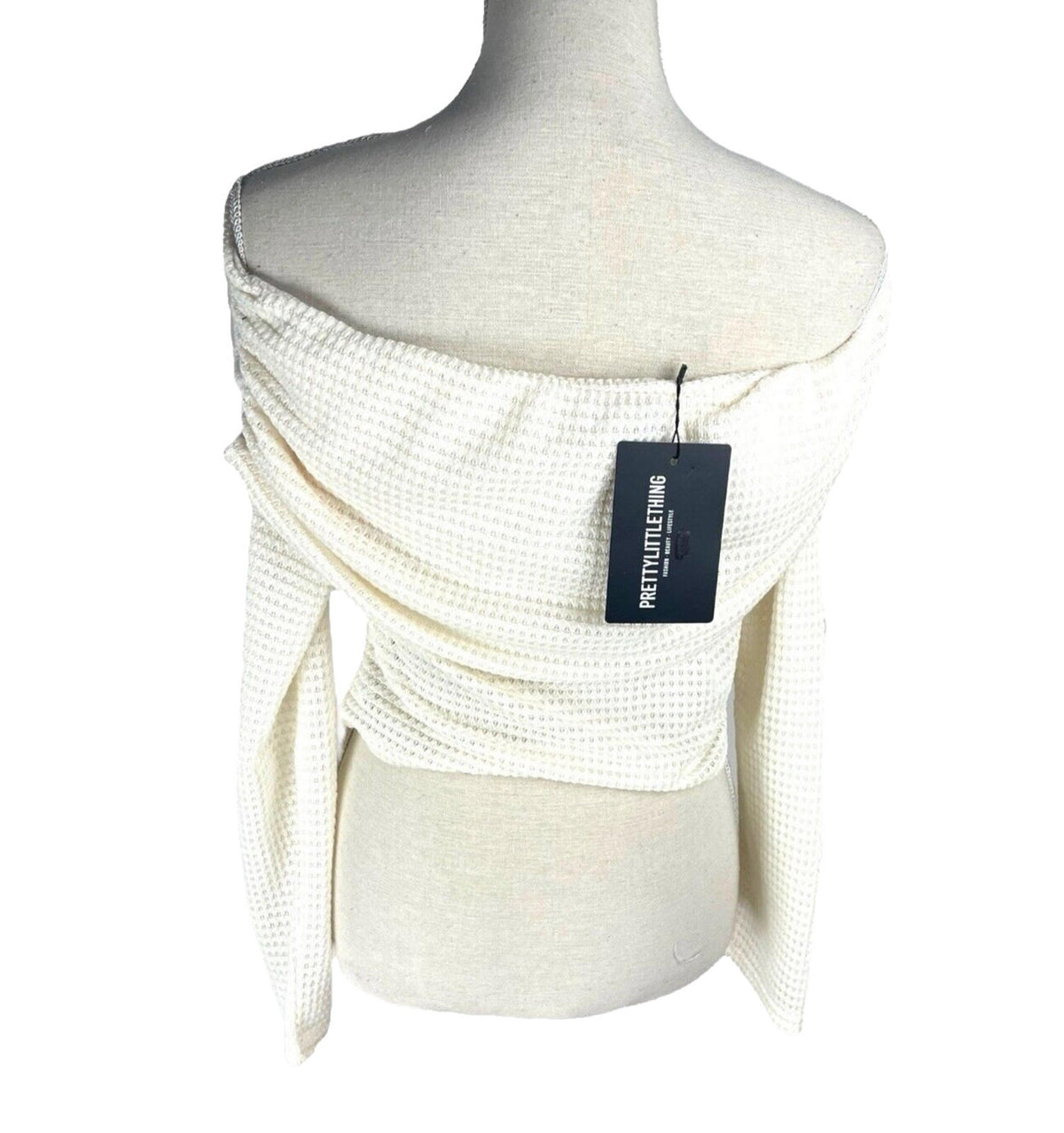 Pretty Little Thing Crop Top Cream Off Shoulder Textured Women's UK Size 16
