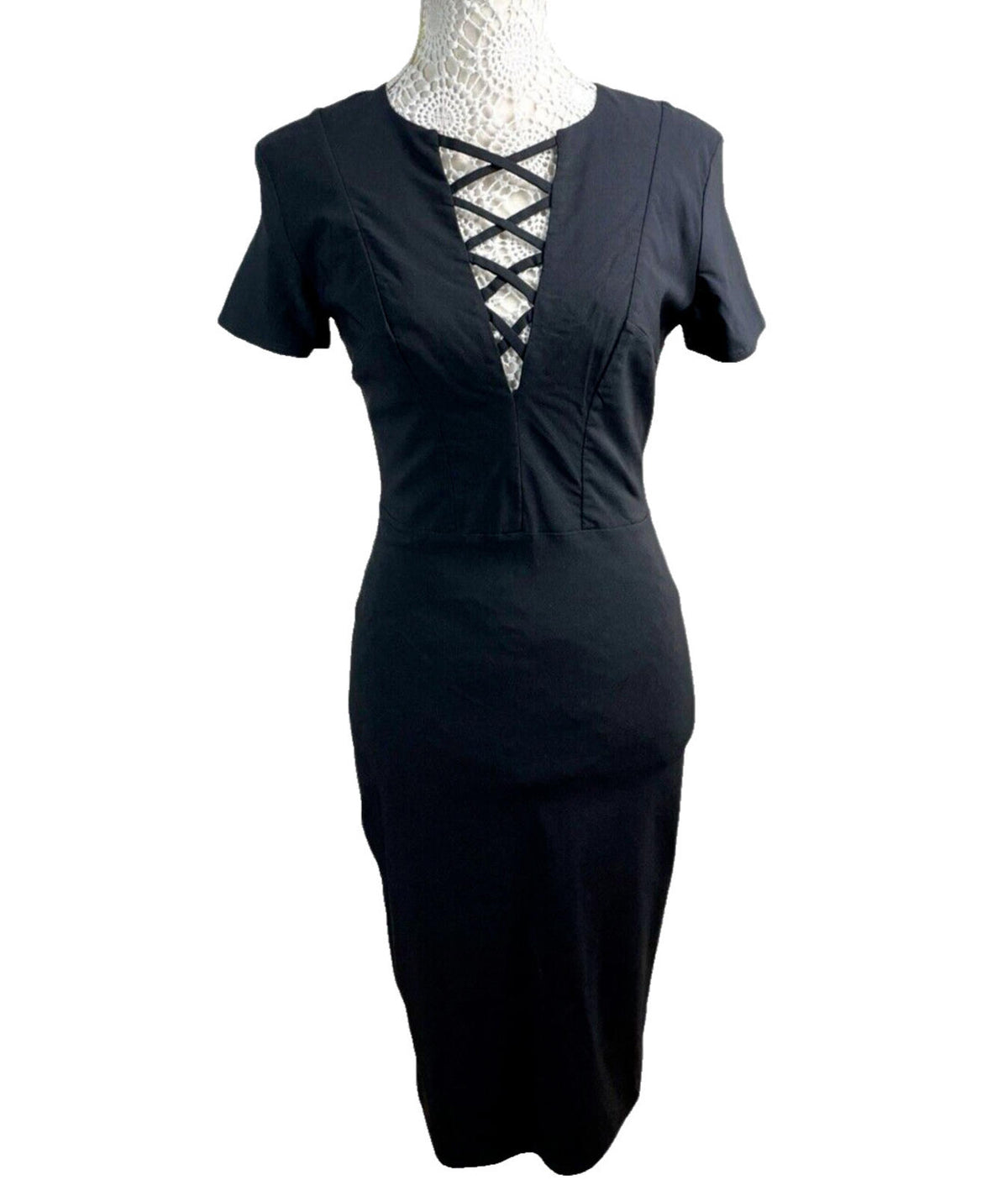 Amy Childs Black Midi Dress Fitted Stretch Women's UK Size 12