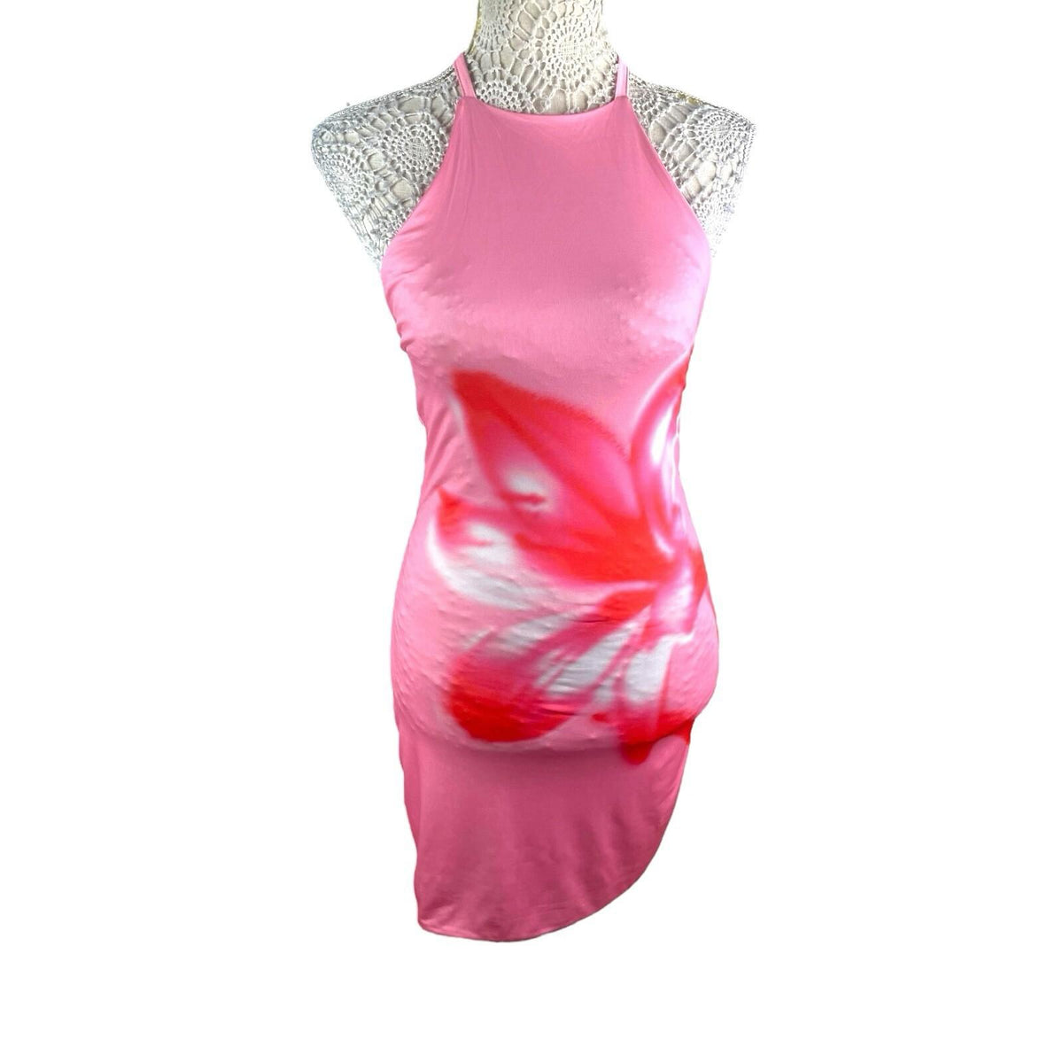 Pink Floral Mini Dress Halter Neck Backless Women's UK Size 8