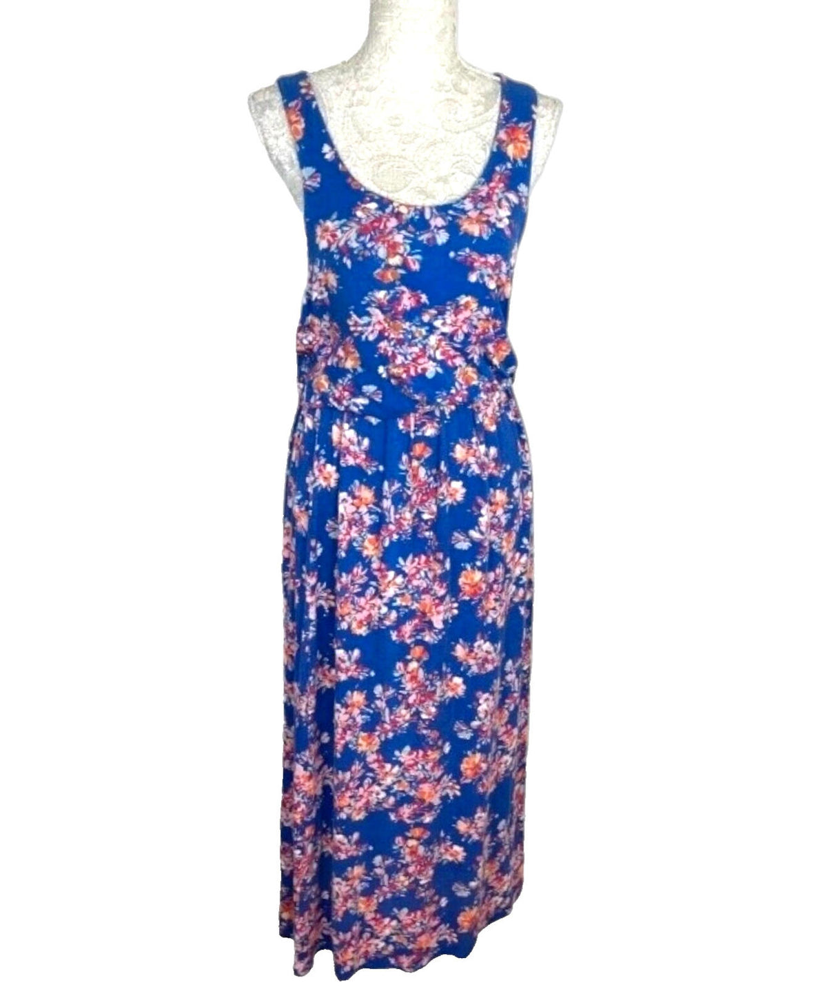 Maxi Dress Blue Floral Racer Back Women's UK Size M (10)